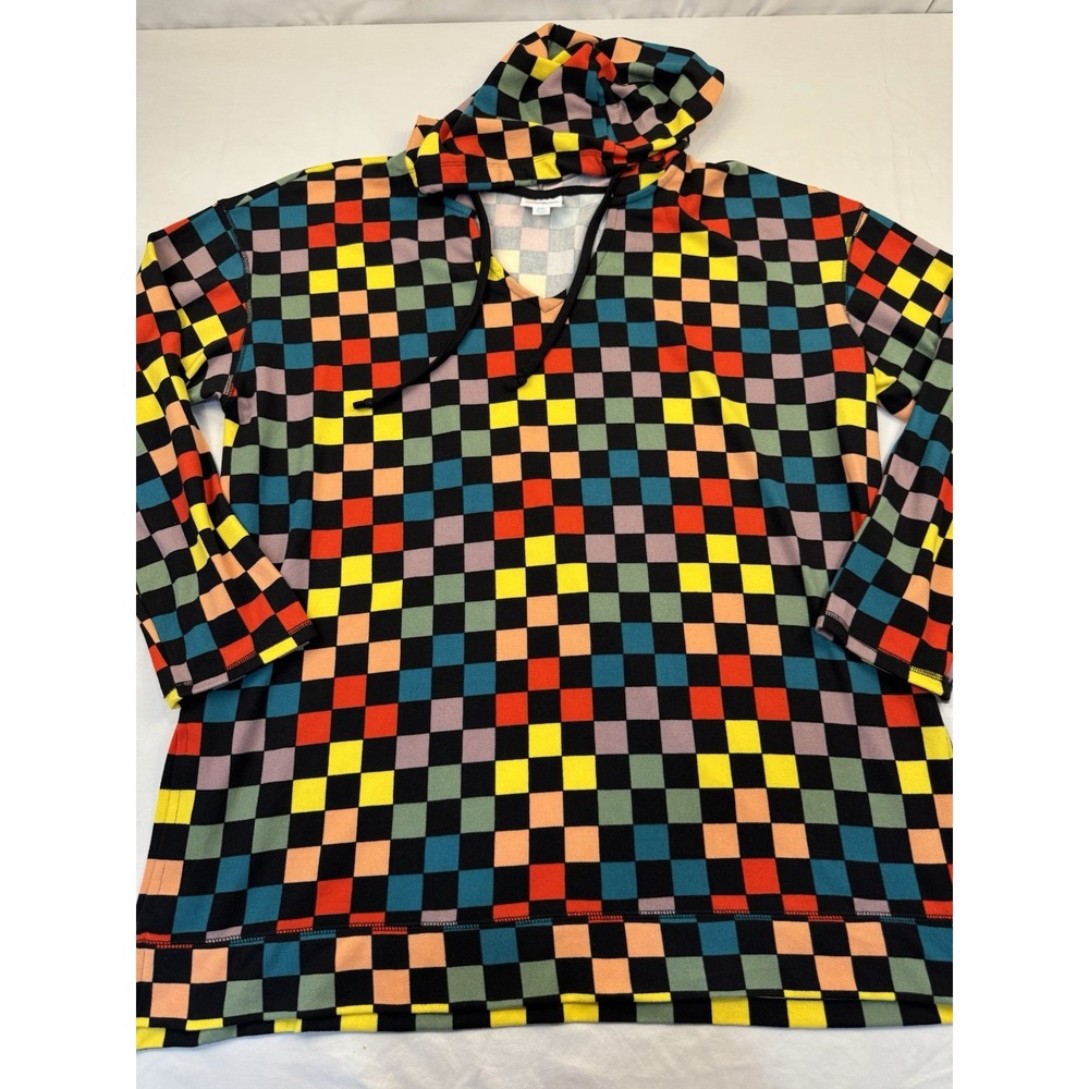 LuLaRoe 2XL Eliza Long Sleeve Top with Hood Bold Color Squares Black Multicolor